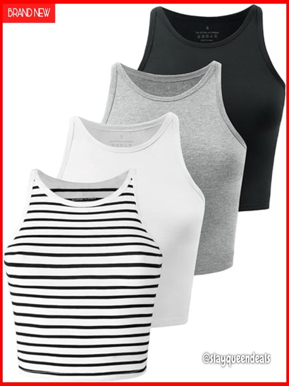 4 Pack Workout Crop Tops High Neck Racerback Tank Athletic Fit Cotton Spandex